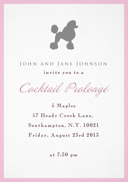 Einladungskarte mit rosa Rahmen und grauem Poodle für Essenseinladungen oder cocktails.