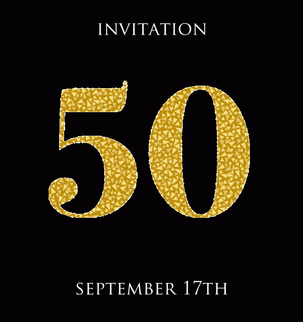 50th Anniversary online invitation card with animated number 50 in golden mosaic stones Black.