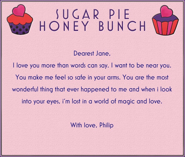 Online Liebesbrief mit Cupcakes und Schriftzug Sugar Pie Honey Bunch.