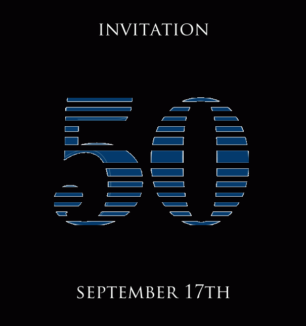 50th Anniversary online invitation card with animated number 50 in cool lines of blue. Black.