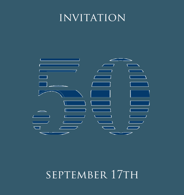 50th Anniversary online invitation card with animated number 50 in cool lines of blue. Blue.
