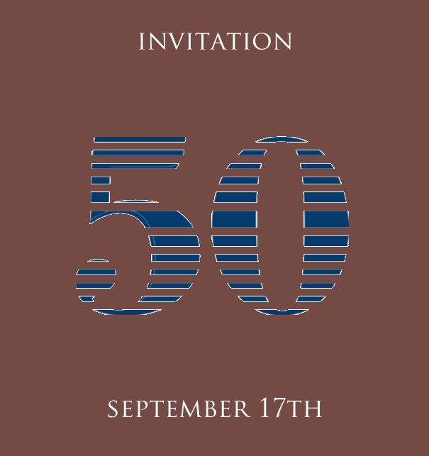 50th Anniversary online invitation card with animated number 50 in cool lines of blue. Gold.