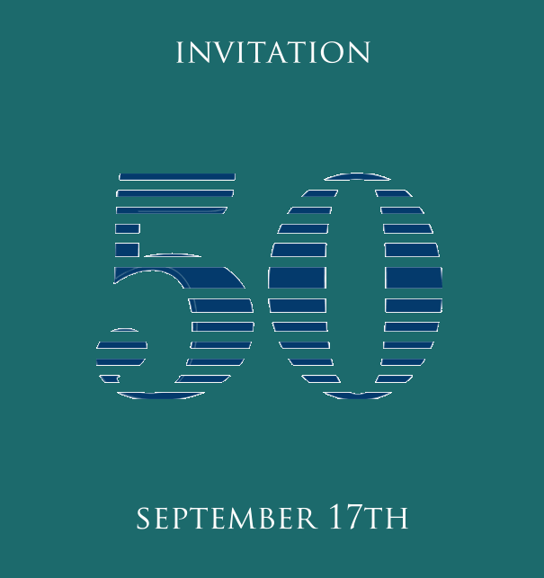 50th Anniversary online invitation card with animated number 50 in cool lines of blue. Green.