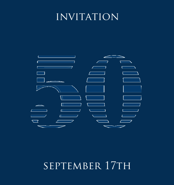 50th Anniversary online invitation card with animated number 50 in cool lines of blue. Navy.