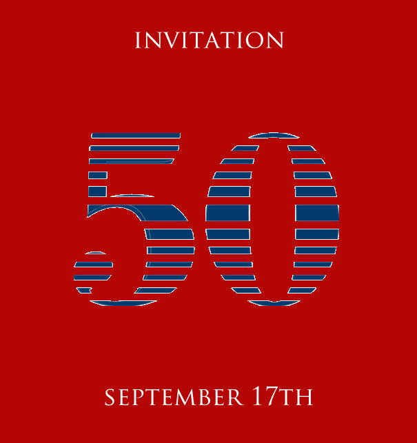 50th Anniversary online invitation card with animated number 50 in cool lines of blue. Red.