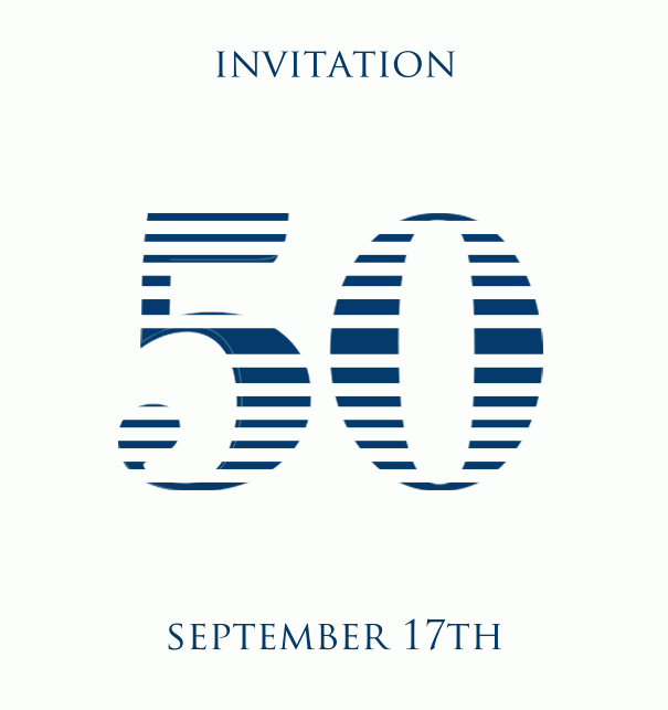 50th Anniversary online invitation card with animated number 50 in cool lines of blue. White.