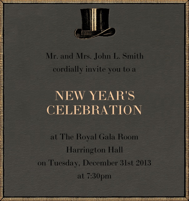 Grey celebration high format invitation card with golden border and top hat middle top of card. Including designed text in black and gold to match the card.