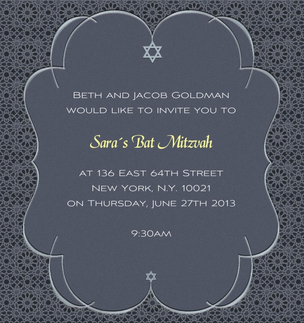 Grey Bar Mitzvah Invitation or Bat Mitzvah Invitation with small Star of David.