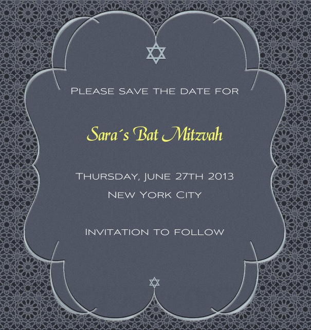 Dark Grey Bar Mitzvah or Bat Mitzvah Save the Date Card Customized with Star of David.