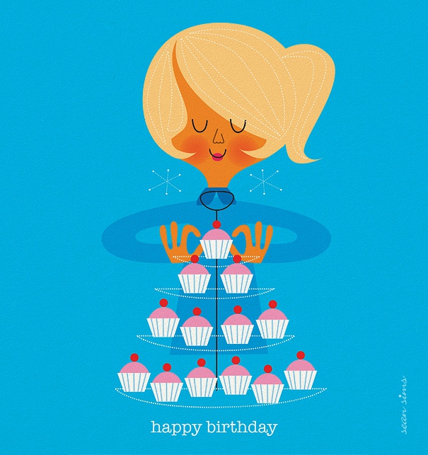 Online Geburtstagskarte mit blondem Mädchen und Cupcakes.