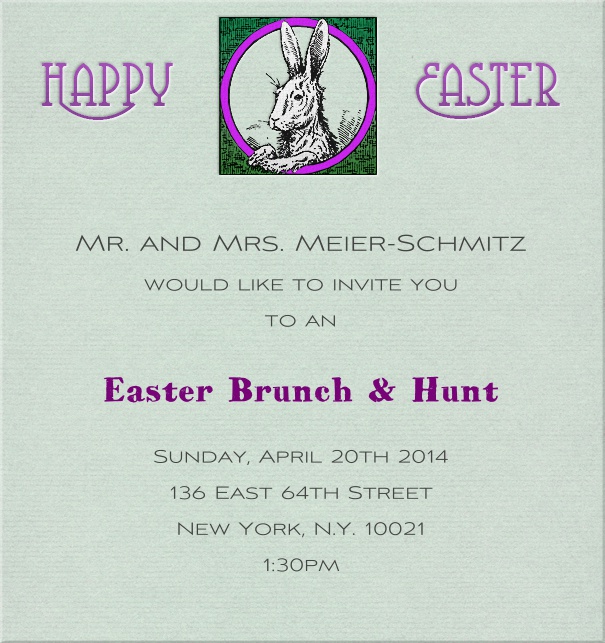 Hellgrüne online Einladungskarte mit Schriftzug "Happy Easter" und Osterhase.