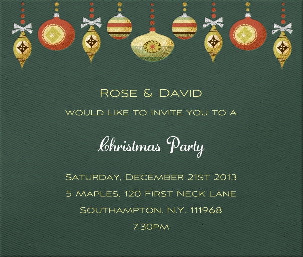 Green Christmas square format invitation card with Christmas decoration in top part of card. Including designed text in yellow and white to match the card.