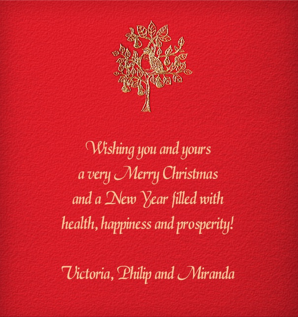 Rote Weihnachtskarte mit goldenem Baum.