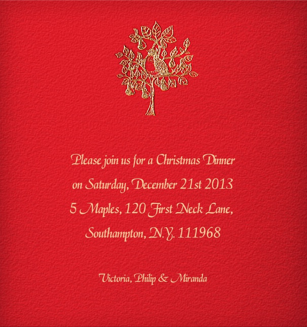 Red Christmas Invitation Card with golden bird in a golden tree.