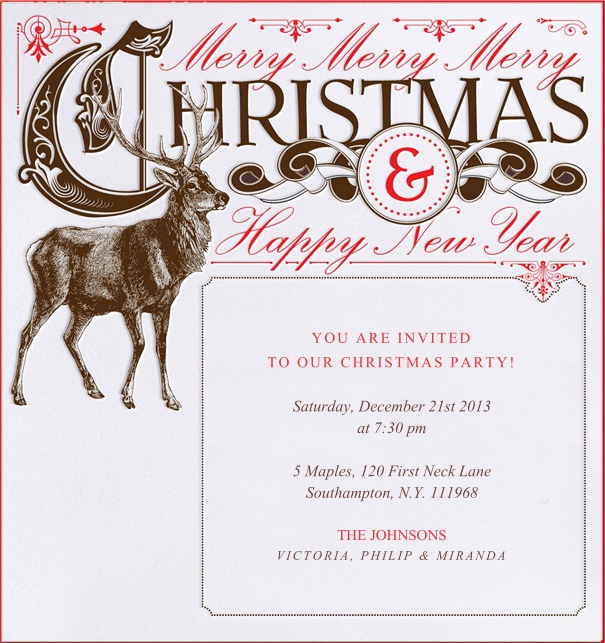 Weihnachtliche Fotoeinladungskarte mit einem Hirsch und Weihnachts- und Neujahrstext.