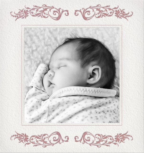 Online photo birth announcement card with pink wreath.