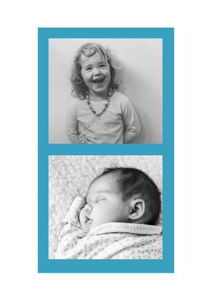 Photo card with two photo fields and with border which is in several colors available. Blue.