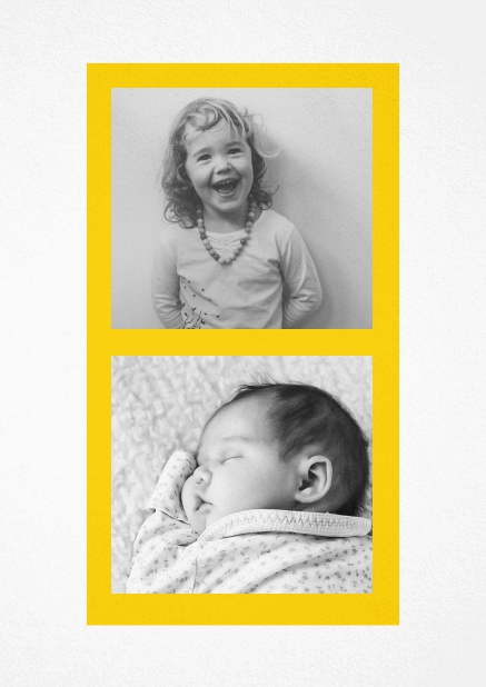 Photo card with two photo fields each with orange border. Yellow.