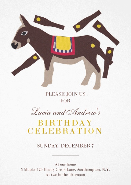 Birthday party invitation card with pinata designed by La Familia Green.