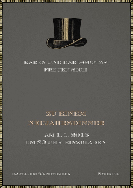 Graue Einladungskarte mit Zylinderhut und gold schwarzem Rand.