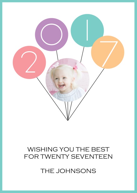New Year's greeting online card with colorful 2015 as balloons and phot box