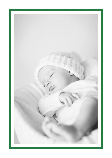 Birth announcement with photo box with pink frame and 2nd page for customizable text. Green.