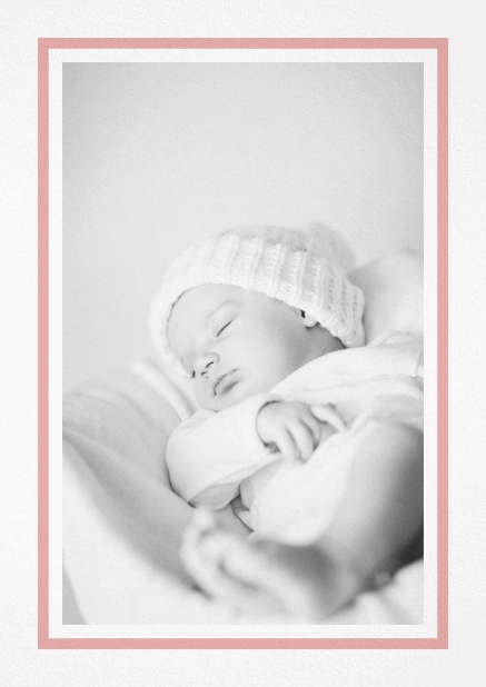 Birth announcement with photo box with pink frame and 2nd page for customizable text. Pink.