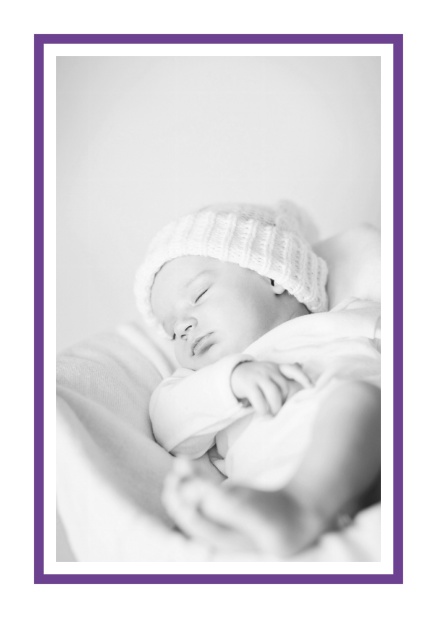 Birth announcement with photo box with pink frame and 2nd page for customizable text. Purple.