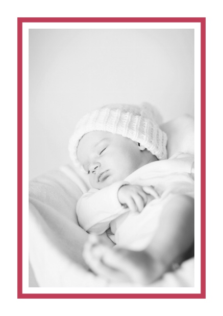 Birth announcement with photo box with pink frame and 2nd page for customizable text. Red.