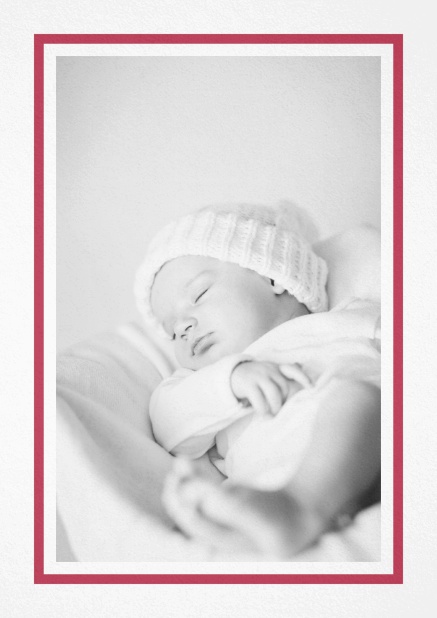 Birth announcement with photo box with pink frame and 2nd page for customizable text. Red.