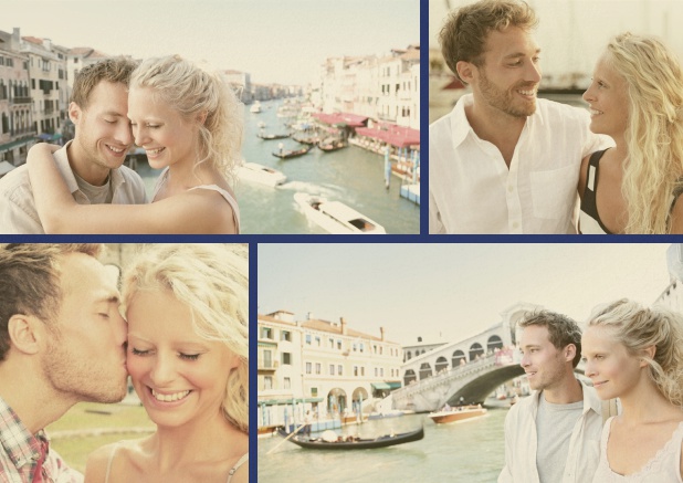 Hochzeitseinladungskarte mit neun Fotofeldern auf der ersten von vier gestalteten Seiten. Marine.