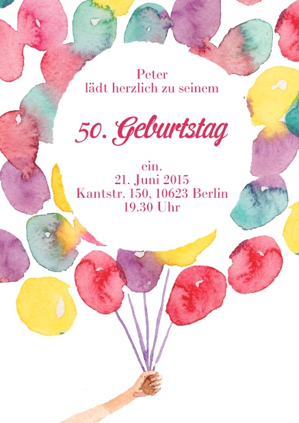 Online 50. Geburtstagseinladungskarte mit bunten Ballons und editierbarem Text.