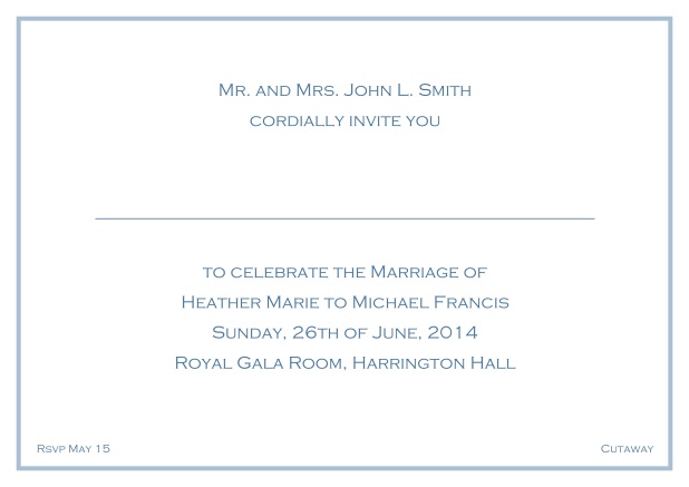 Online Classic wedding invitation card with thin single frame and classic font - available in different colors. Blue.