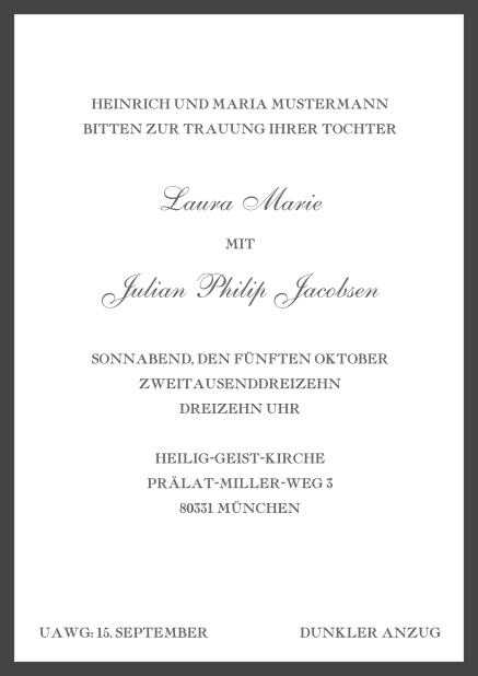 Online Klassisch, weiße Einladungskarte in Hochkant mit Rahmen. Schwarz.