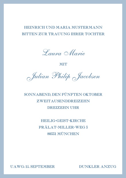 Online Klassisch, weiße Einladungskarte in Hochkant mit Rahmen. Blau.