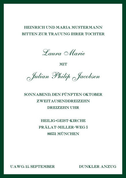 Online Klassisch, weiße Einladungskarte in Hochkant mit Rahmen. Grün.