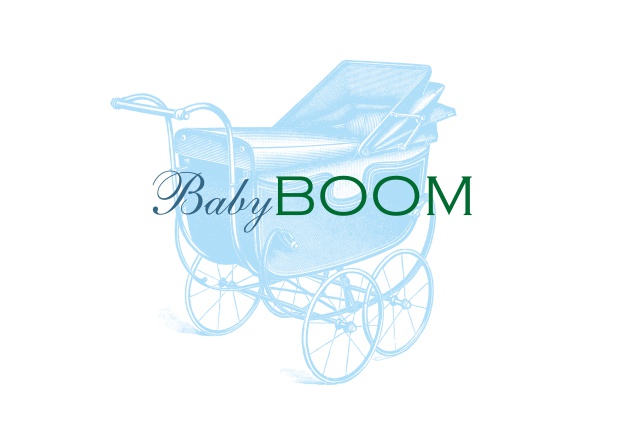 Online White card with two light blue stroller and the phrase "baby boom".