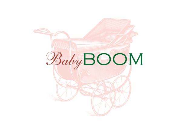 Online White card with two light blue stroller and the phrase "baby boom". Pink.