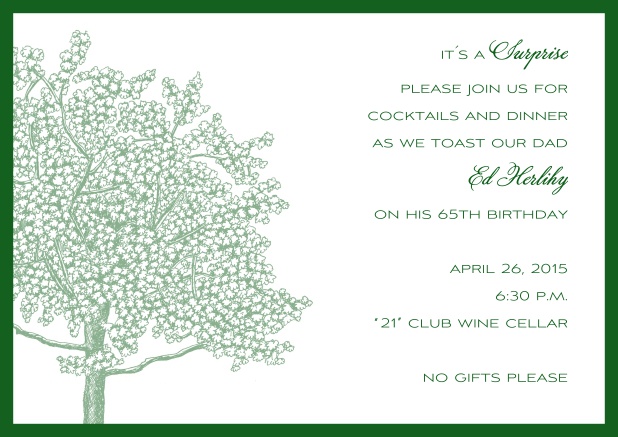 Online Einladungskarte mit grünem Baum und grünem Rahmen und Textfeld.