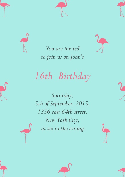 Online invitation with pink flamingos for 16th birthday.