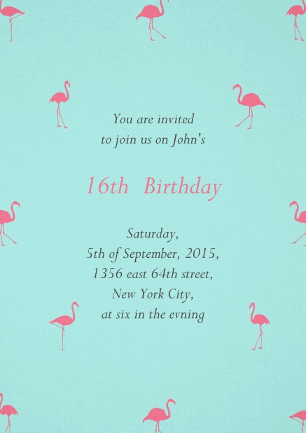 Invitation with pink flamingos for 16th birthday.