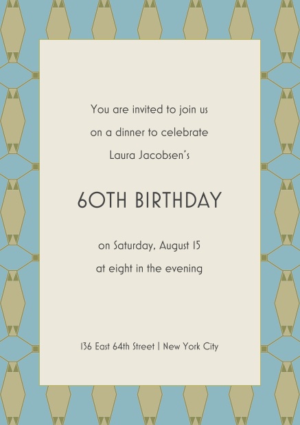 Online invitation for 60th birthday with patterned frame and text in the middle.