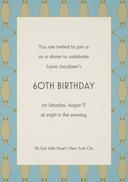 Invitation for 60th birthday with patterned frame and text in the middle.