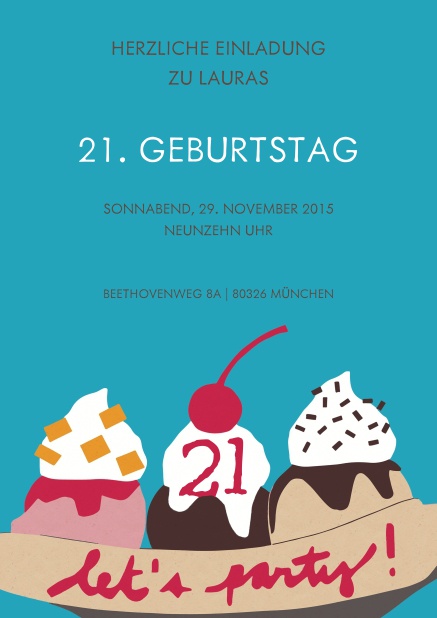 Online Einladung mit Eiscreme und Kirsche zum 21. Geburtstag.