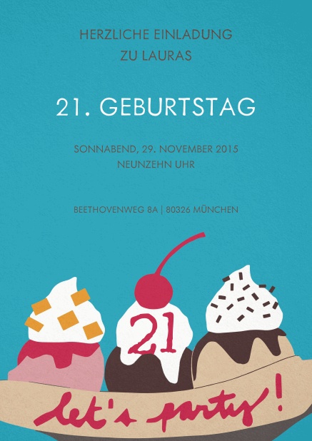 Einladung mit Eiscreme und Kirsche zum 21. Geburtstag.