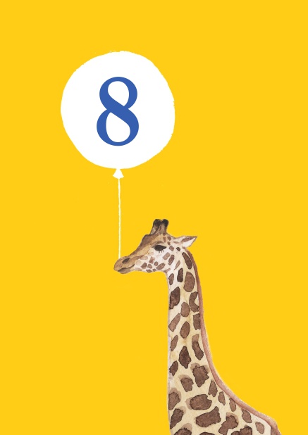Yellow online invitation to a 8th birthday party with giraffe and ballon.