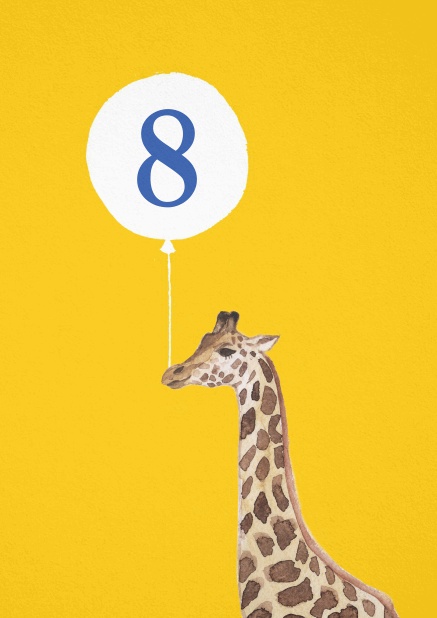 Yellow invitation to a 8th birthday party with giraffe and ballon.