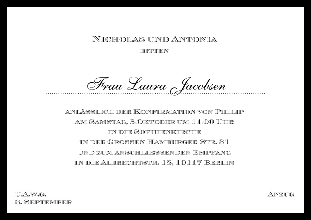 Online klassische Einladungskarte zur Konfirmation in mehreren Farbvariationen. Schwarz.