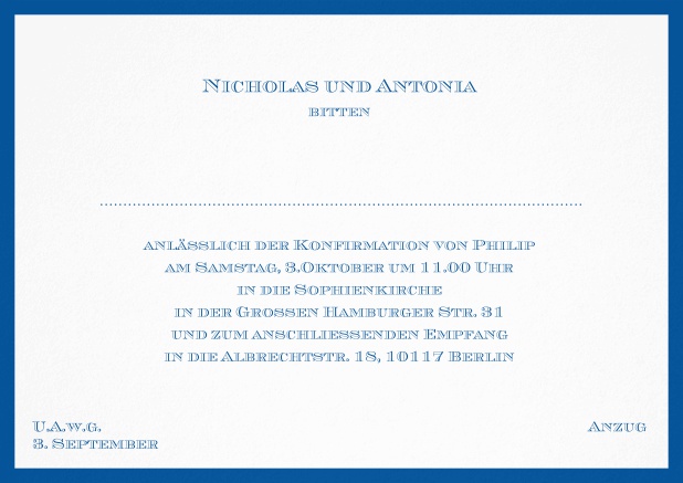 Klassische Einladungskarte zur Konfirmation in mehreren Farbvariationen. Blau.