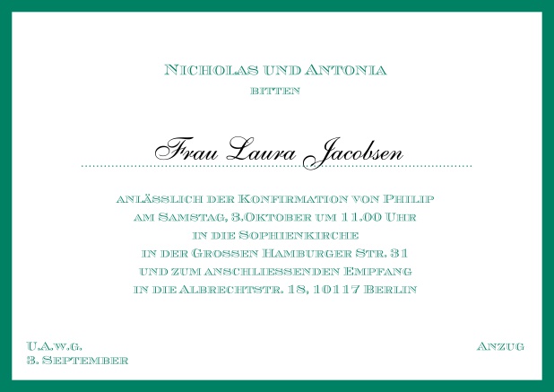 Online klassische Einladungskarte zur Konfirmation in mehreren Farbvariationen. Grün.
